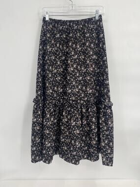 Shein Black Floral Ruffle Maxi Skirt Elastic Waist Womens Small